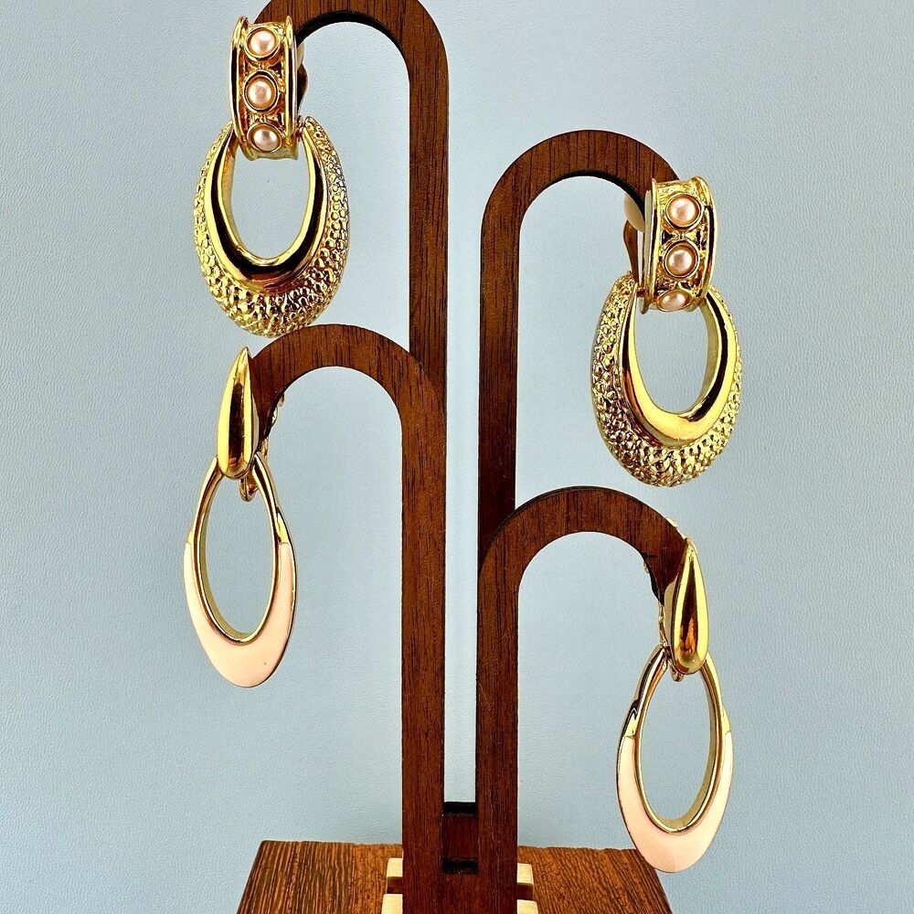 Vintage Door Knocker Earrings Lot Gold Tone Faux Pearl Enamel Clip On 1 Trifari